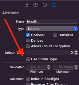 CoreData attribute inspector showing Use Scalar Type option