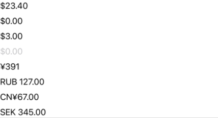 CurrencyField preview showing multiple locale formats